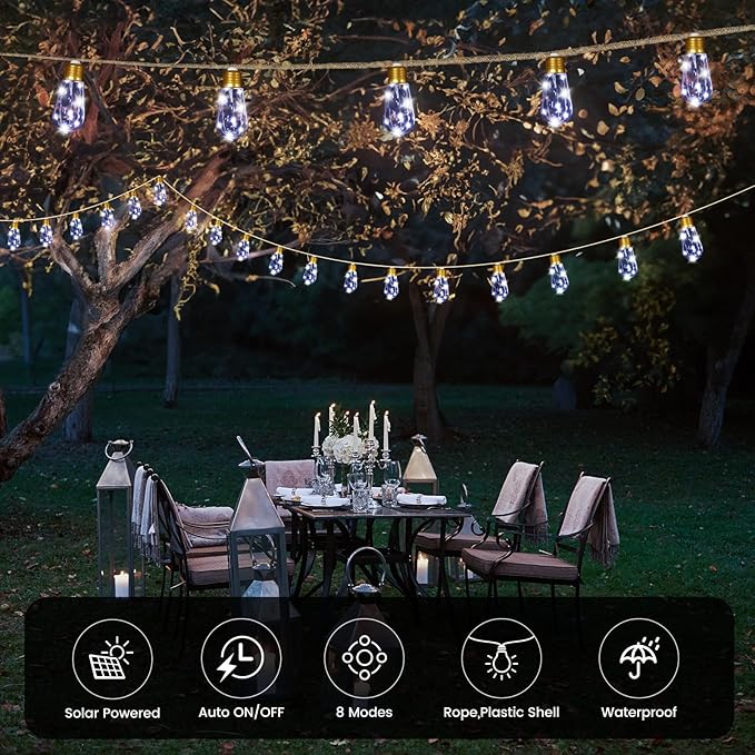 2Pack Solar Outdoor String Lights 24FT Vintage Rope Hemp Solar Lights with 20 Shatterproof Bulbs,8 Modes Solar | Lumora