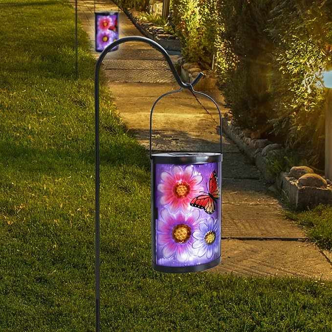 Hanging Solar Lantern Outdoor Waterproof Flowers Butterfly Solar Lights Glass Tabletop Decorative Lamp for Outdoor | Lumora