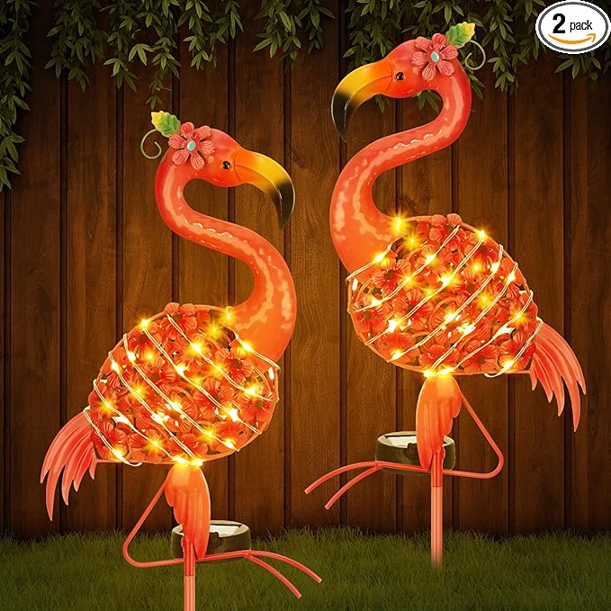 2 Pcs Flamingo Solar Lights Flamingo Yard Decorations Outdoor 32.48'' H Summer Waterproof LED Solar Lamp Pink Warm White Metal Garden Housewarming Gifts for Lawn Patio Pathway Landscaping