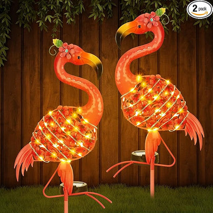 2 Pcs Flamingo Solar Lights Flamingo Yard Decorations Outdoor 32.48'' H Summer Waterproof LED Solar Lamp Pink Warm White Metal Garden Housewarming Gifts for Lawn Patio Pathway Landscaping