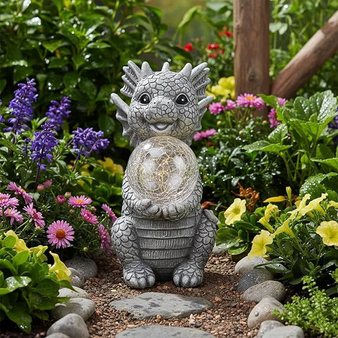 Solar Garden Decorations - Dragon Statue with Crackle Glass Ball Light - Garden Decor for Patio, Yard, Lawn, Pathway, Landescape - Housewarming Gifts - Dragon Gifts for Women Mom Grandmom