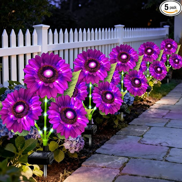 ANGMLN Solar Lights Outdoor Garden Decor, 5 Pack with 15 Purple Sunflower Lights, Solar Flowers Waterproof | Lumora