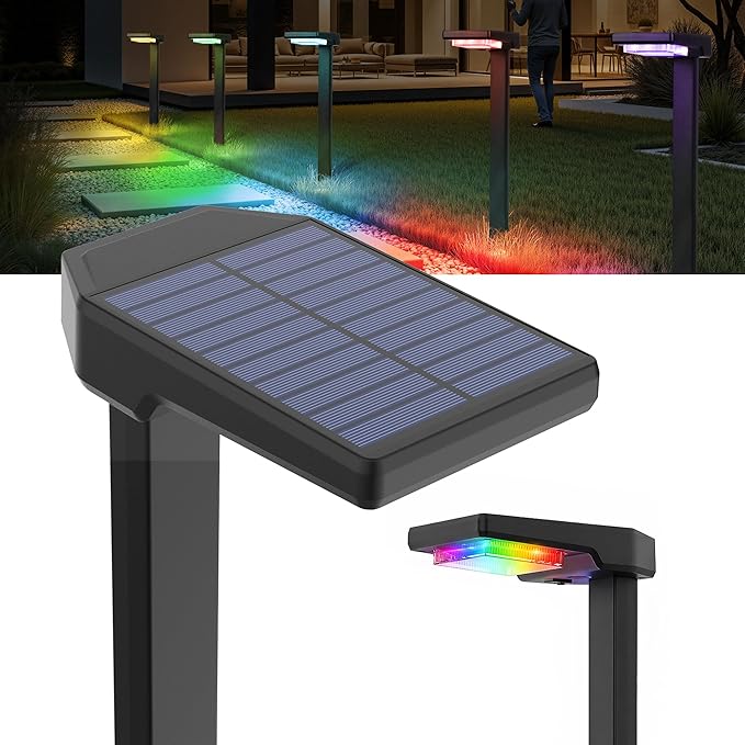 2 Pack Color Changing & Sync Smart Solar Pathway Lights, Solar Lights Outdoor Waterproof, 9 Modes (Warm White/Cool White/RGB) Landscape Lighting for Driveway, Walkway, Garden, Yard, Patio