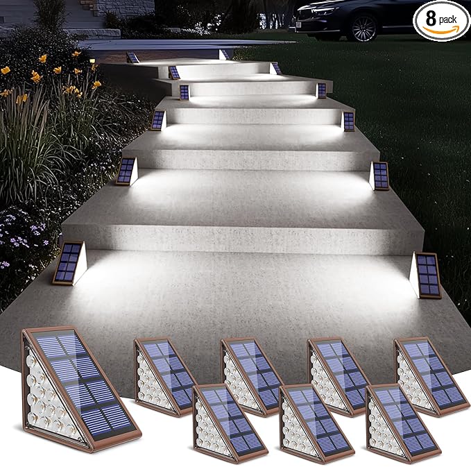 NIORSUN Solar Step Lights for Outside, Solar Stair Lights Outdoor Waterproof IP67 Auto On Off, Cool White, Outdoor Lights for Steps,Stair,Patio,Yard,Porch,Front Door,Sidewalk,Deck Decor,Brown, 8 Pack