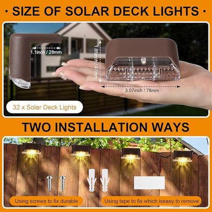 Geelin 32 Pcs Solar Deck Lights Outdoor, Waterproof LED Solar Step Fence Lights for Stairs, Step, Railing, Patio, Driveway, Garden, Pathway and Yard(Brown Shell Warm White Light)