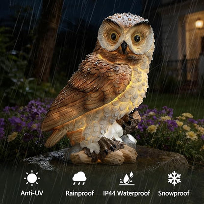 Solar Owl Garden Outdoor Statue,Owl Figurine Sculpture with LED Lights for Porch Patio Lawn Yard Deck Spring Decor - Ideal Easter Day Housewarming Christmas Gift for Women Men Owl Lover(Brown)