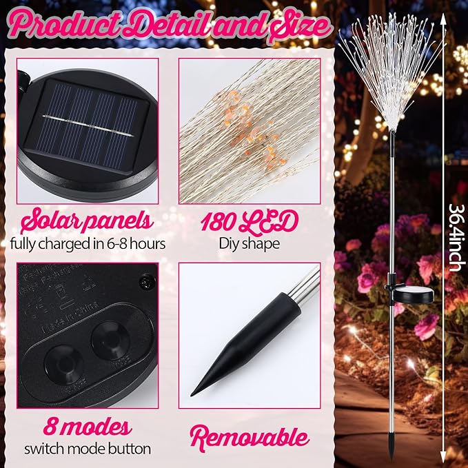 4 Pack Valentines Day Solar Firework Lights 180 LED 8 Lighting Modes Waterproof Solar Lamps Decorative Garden Stake Lights for Valentines Wedding Party Pathway Patio Decor
