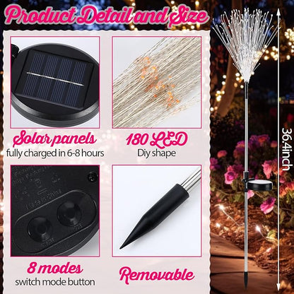 4 Pack Valentines Day Solar Firework Lights 180 LED 8 Lighting Modes Waterproof Solar Lamps Decorative Garden Stake Lights for Valentines Wedding Party Pathway Patio Decor