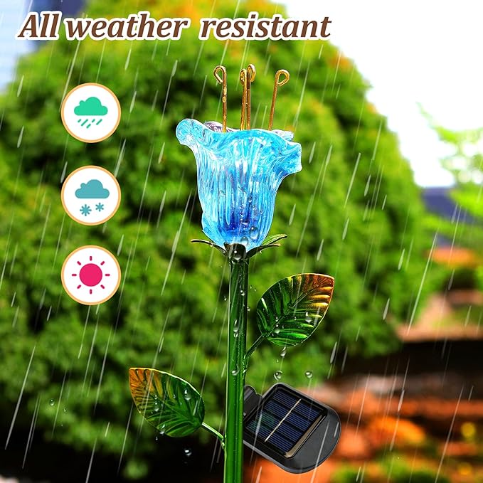 Solar Lights Outdoor Decorative Flowers 2 Pack, Blue Glass Lily Flower Lights, Auto ON/OFF for Garden, Patio, Backyard