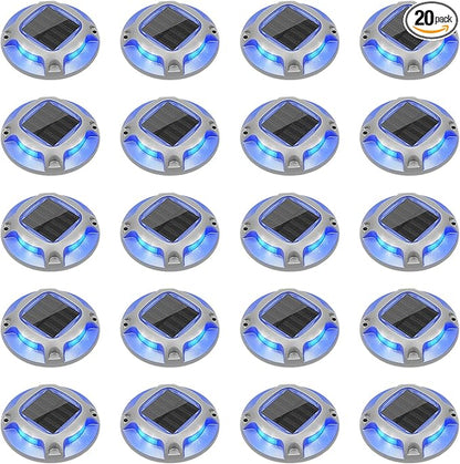 VOLISUN Solar Driveway Lights Dock Marine Lights 20 Pack,2 Colors in 1,Outdoor LED Deck Light,Solar Powered Waterproof Warning Step Light for Driveway Sidewalk Pathway (Blue/White),Saltwater Resistant