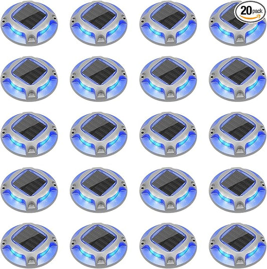 VOLISUN Solar Driveway Lights Dock Marine Lights 20 Pack,2 Colors in 1,Outdoor LED Deck Light,Solar Powered Waterproof Warning Step Light for Driveway Sidewalk Pathway (Blue/White),Saltwater Resistant
