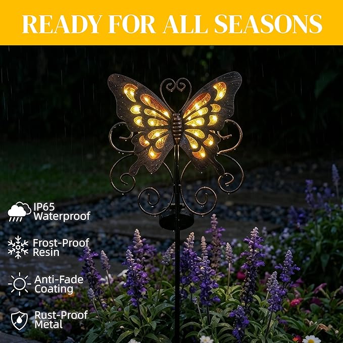 Solar Butterfly Garden Stake – 36 Inch Waterproof Iron & Glass Yard Art, Large Yellow Mariposas Grandes para Decoracion with LED Glow, Decorative Outdoor Power Stake for Lawn & Pathway
