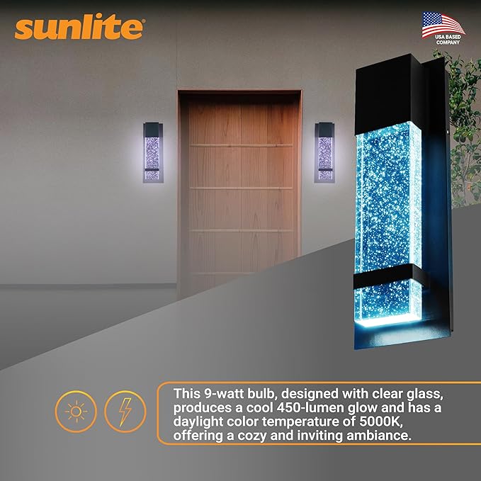 Sunlite LED Wall Sconce, Black Metal Frame with Raindrop Effect Glass Panel, 4.75" Wide, 5000K Daylight, Indoor & Outdoor, ADA Compliant