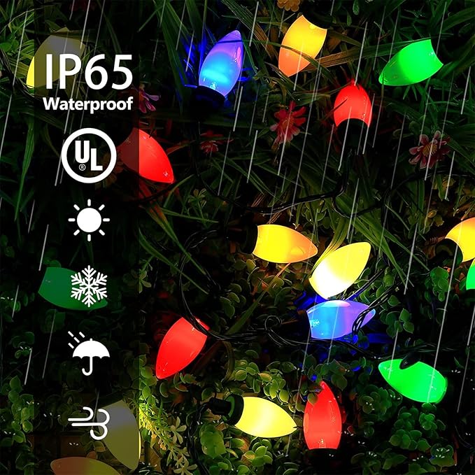 C9 Christmas Lights Outdoor, 33ft 50 LEDs Christmas String Lights with 8 Modes, 5 Sets Connectable, IP65 Waterproof Outdoor Indoor Vintage Fairy Lights for Christmas Tree Holiday Party Decor