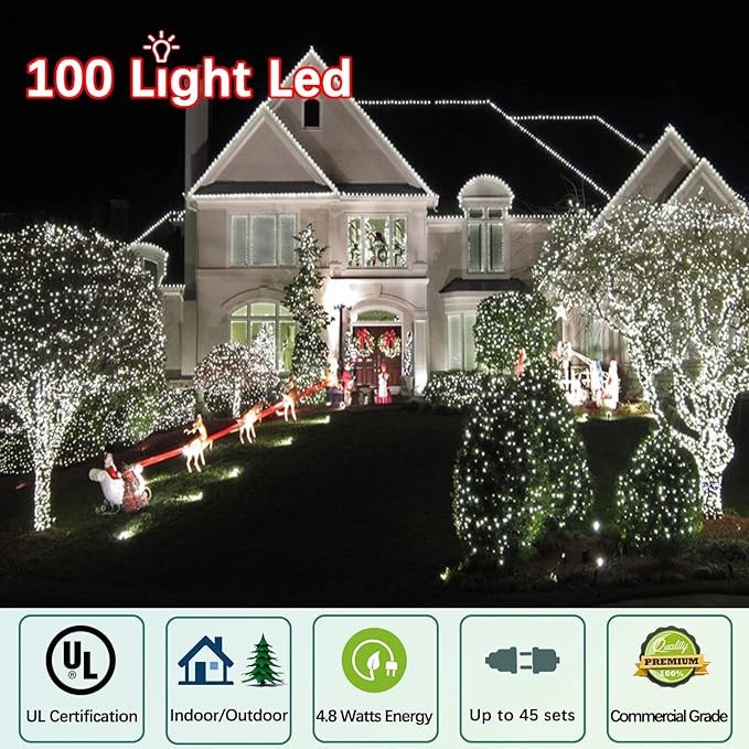50ft 100 Counts Cool White LED Christmas Lights Outdoor- Commercial Grade Outdoor Waterproof, LED String Lights Indoor 5mm Wide Angle Green Wire, Xmas Tree Lights, IP:65, UL