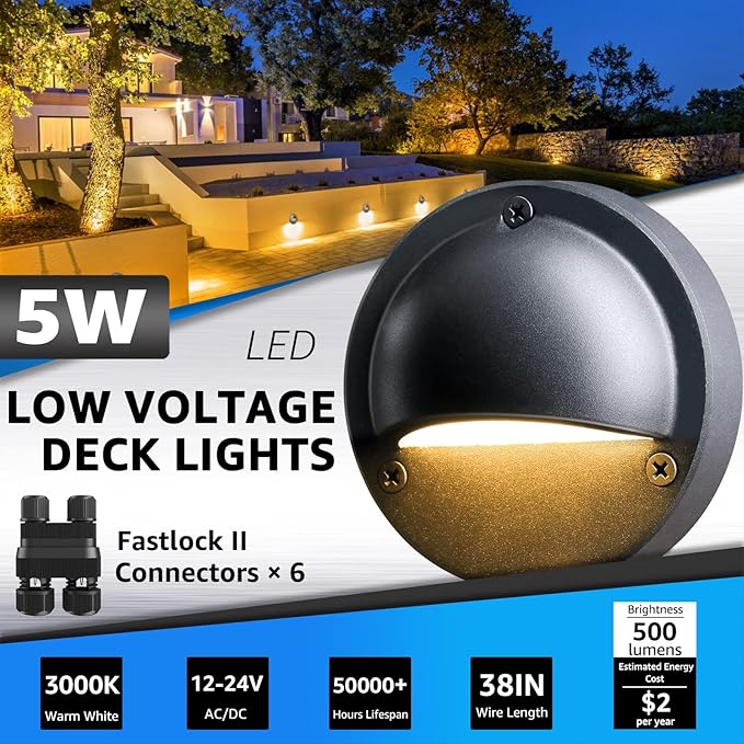 SUNVIE 5W LED Low Voltage Deck Lights, 12-24V Step Lights Outdoor with Fastlock2 Wire Connectors, Low Voltage | Lumora