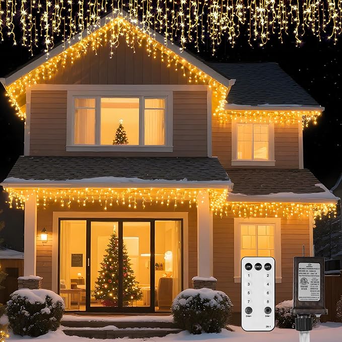 LED Icicle Lights for Outdoor Christmas Decorations,98.4Ft 1000 LEDs Christmas Fairy Light with Timer&Memory Function,8 Lighting Modes,Plug in hanging Curtain Lights for Xmas Party Wedding(Warm White)