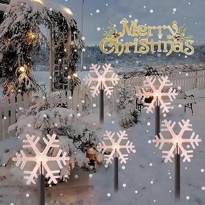 Christmas Snowflake Pathway Lights Outdoor,6.3Ft Battery Operated LED Stake Lights with Timer for Lawn Yard Walkway Garden Decor Xmas Marker Decorations,5 Pack Decorative Landscape Lighting Warm White