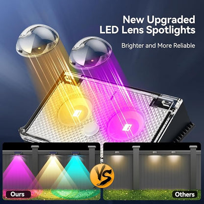 TECKNET Solar Fence Lights Outdoor 6 Pack, Warm White & 6 Colors & RGB, IP66 Waterproof LED Deck Light, Dusk to Dawn Fence Lights Solar for Wall, Railing, Step, Patio, Pool, Backyard, Outside