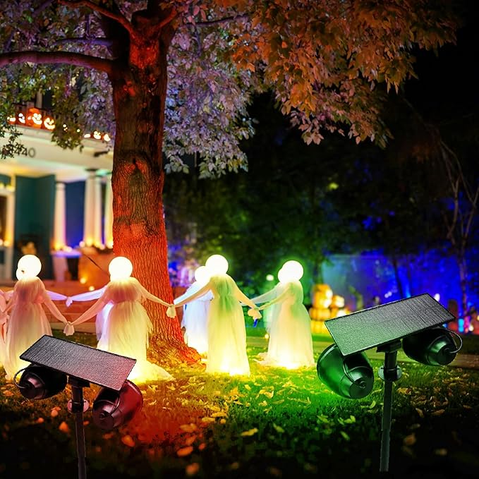 Solar Spotlights Outdoor, IP67 Waterproof 2-in-1 RGB Color Changing Double-Head Solar Lights, Christmas Landscape | Lumora