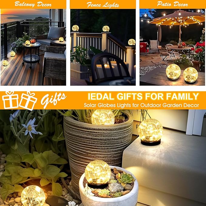 Solar Globes Outdoor Waterproof, 4.88''Cracked Glass Solar Lights Outdoor Bright Up to 14H,IP65 Waterproof Globe Light for Walkway,Patio,Landscape,Path,Garden Warm White (2)