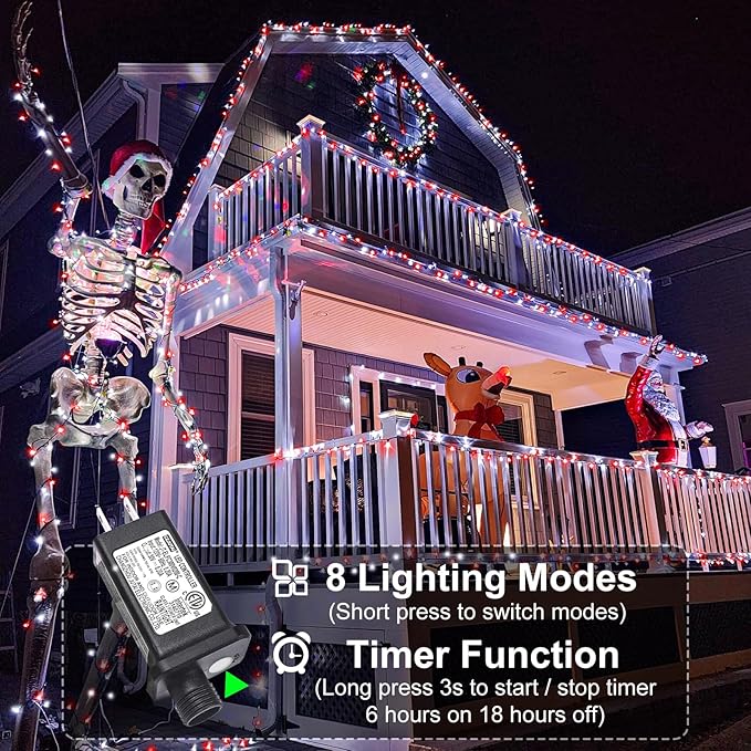66FT 200 LED Christmas Lights Outdoor, Plug in Christmas String Lights with 8 Modes Waterproof, Connectable Green Wire Twinkle Light for Indoor Patio Garden Xmas Party Decorations, Red and White