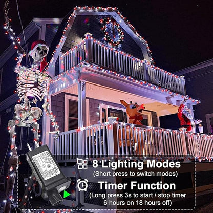 66FT 200 LED Christmas Lights Outdoor, Plug in Christmas String Lights with 8 Modes Waterproof, Connectable Green Wire Twinkle Light for Indoor Patio Garden Xmas Party Decorations, Red and White