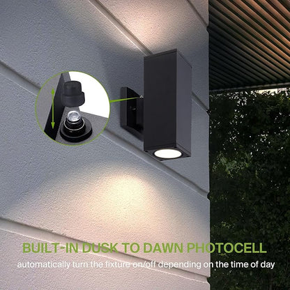 ASD 2 Light Square Dusk to Dawn LED Outdoor Wall Light Fixture | 18W 1900LM 3000K-5000K 120V Cylinder Up Down Lights | Exterior Wall Sconce | Front Door, Porch, Patio | Black, ETL 6 Pack