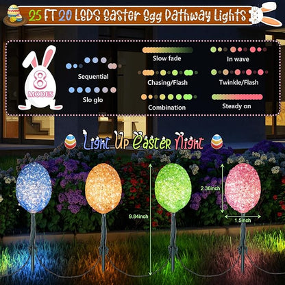 Enhon Solar Easter Egg Lights with Stake, 25FT 20LED Easter Egg Pathway Lights for Easter Outdoor Decorations, 8 Lighting Modes Pastel Easter Egg Lights Easter Stake Lights for Yard Garden Path Lawn