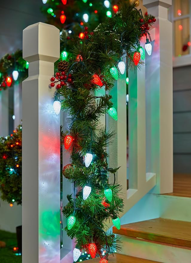 C9 Christmas Lights Outdoor Waterproof, 114 Feet 150 LED C9 String Lights with Timer & 8 Light Mode, Connectable Christmas Tree Lights for Indoor Outside Roofline Patio Decor, Red, Green & Pure White
