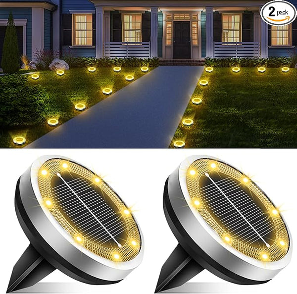 Solar Lights Outdoor Waterproof, 2 Pack 8 LED, Thickened Stainless Steel Ground Light, Solar Garden Lights | Lumora