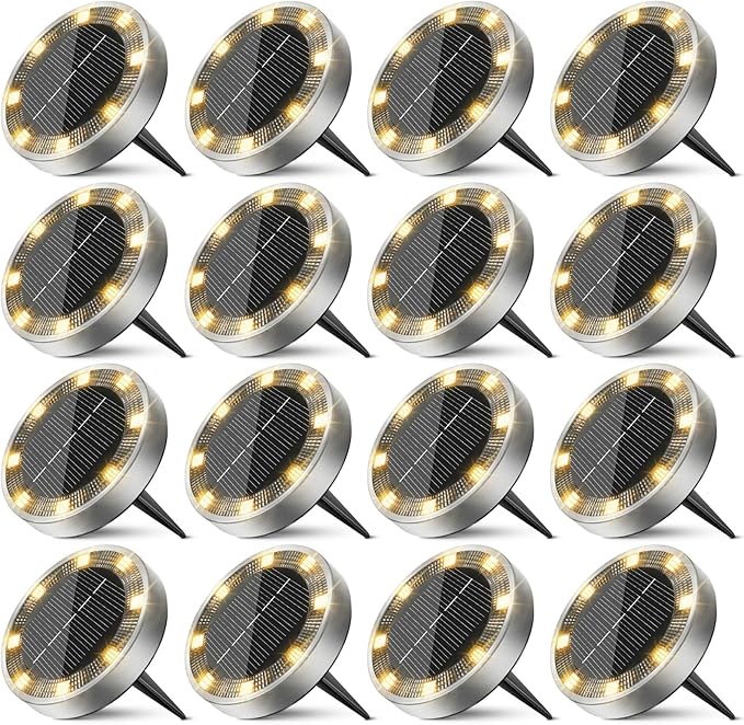 16 Pack Solar Ground Lights Outdoor, 8 LED Mini Flat Solar Disk Lights, IP65 Waterproof Anti-Rust Disc Light | Lumora