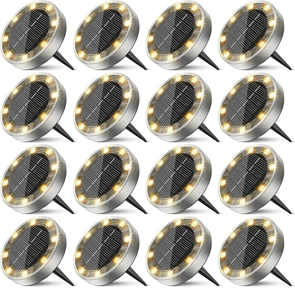 16 Pack Solar Ground Lights Outdoor, 8 LED Mini Flat Solar Disk Lights, IP65 Waterproof Anti-Rust Disc Light | Lumora