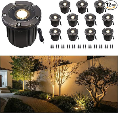 Gardenreet Brass Landscape Well Lights, LED Hardwired In Ground Low Voltage Lighting, Ip65 Waterproof 12V Electric Fixture, Antique Bronze for Wall Pathway Tree 12-Pack (Bulb Not Included)