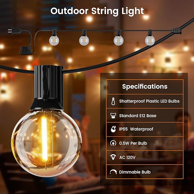 OHLUX Outdoor String Lights, 30FT G40 Globe LED Patio Lights with 17 Dimmable Plastic Bulbs(2 Spare), 2200K | Lumora