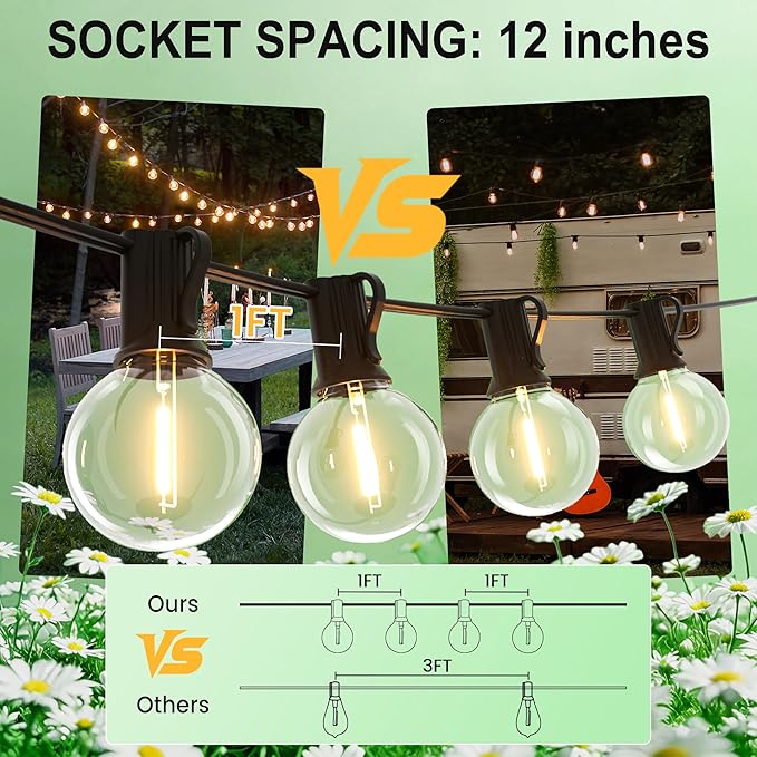 Outdoor-String-Lights-Patio-LED-Light-Outside 30FT Waterproof Dimmable Remote Outdoor Lighting Plastic Globe G40 LED Bulbs Hanging Lights Connectable for Backyard Porch Party 12 inch Far Apart
