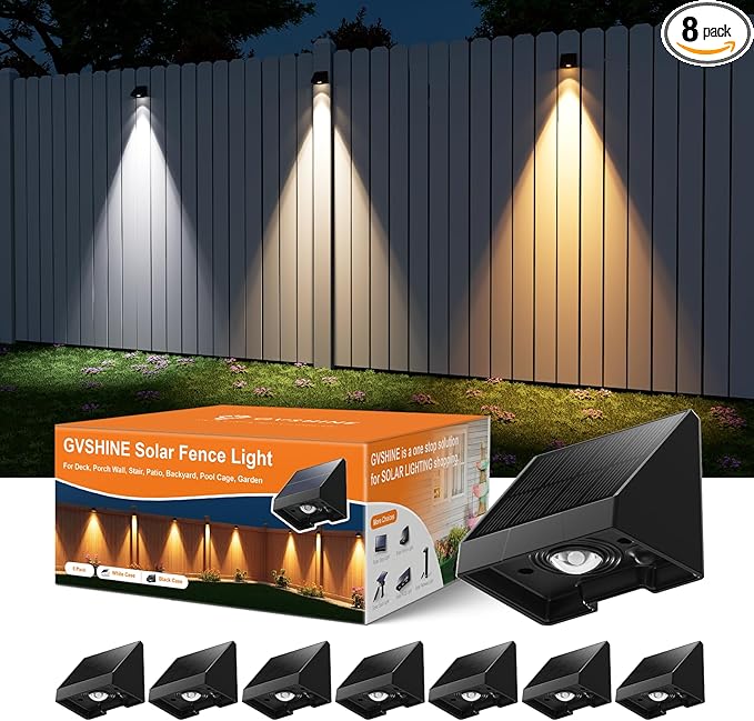 8 Pack Solar Powered Fence Lights Outdoor Wall Mount Decorative Waterproof Down LED for Deck, Outside Stairs, Pool Cage, Patio, Backyard, Garden, Bright 3 Color Temperatures Lamps with Easy to Install