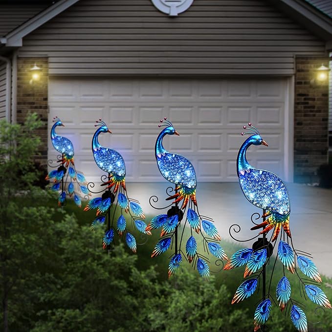 TERESA'S COLLECTIONS Garden Decor Blue Peacock with Solar Outdoor Lights, 40" Glass Yard Art for Outside | Lumora
