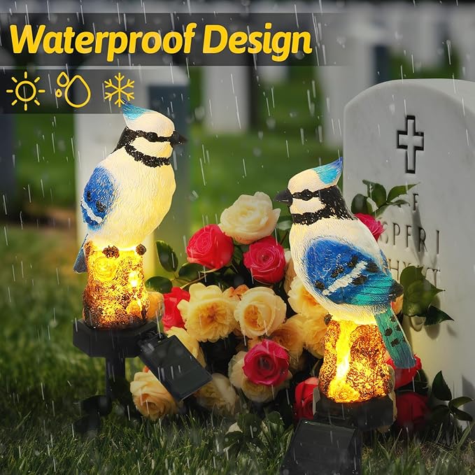 Baquler 2 Pack Blue Jay Solar Lights Blue Jay Outdoor Decor Bluebird Solar Light Bird Figurine Garden Stake for Pathway Garden Lawn Yard Decorations