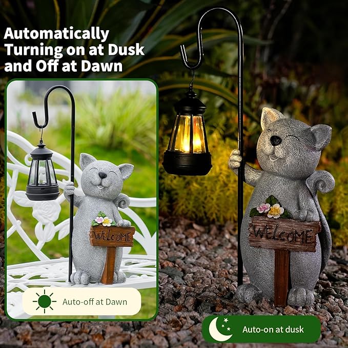 Solar Cat Outdoor Garden Lights Solar Powered Lantern Resin Statue for Outside Balcony Garden Decor Gift for Grandma Women 18 * 5.58 * 9 inch (Gray Lantern Cat)