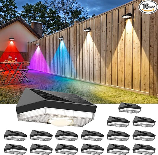 Solar Fence Lights,Warm White & Cool White & RGB 7Colors ＆ Color Changing Mode IP65 Waterproof Solar Lights Outdoor for Deck/Patio/Backyard/Wall/Pool/Fence/Railing/Step(16Pack)