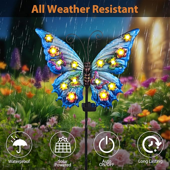 Butterfly Solar Lights Outdoor Waterproof Large with 14 String Bulbs and Flowers, Solar Garden Stakes Butterfly Yard Decor Gardening Gifts for Women Mom Grandma Gardeners Enthusiasts 50"