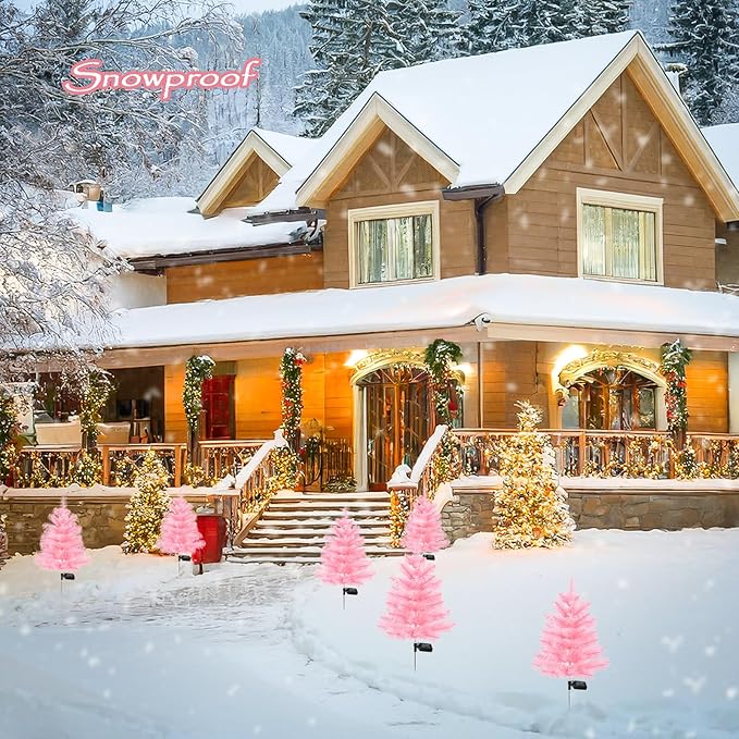 Solar Christmas Tree Stake Lights - Waterproof Xmas Tree & Pathway Lights (Pink, 2pcs)