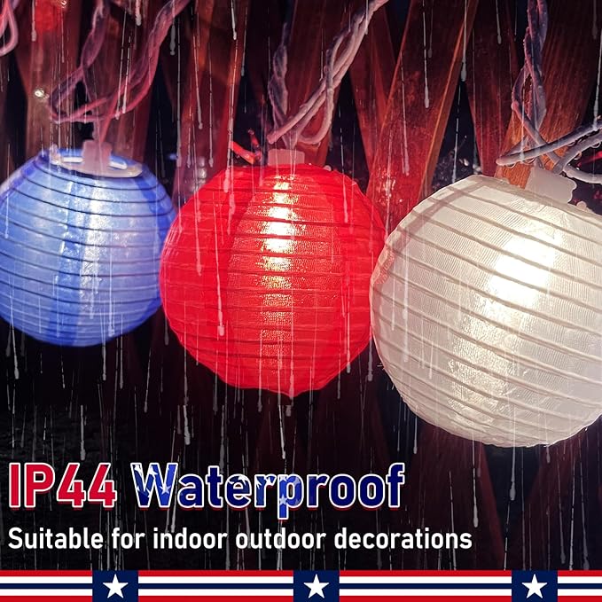 8.5FT Lantern String Lights, Red White and Blue Nylon Lanterns with 10 Mini Incandescent Bulbs, Plug in Connectable Outdoor Patio Lights for Independence Day President Memorial Day