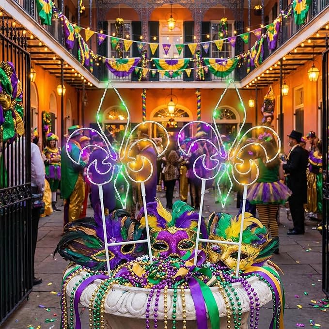 Retisee 3 Pack Mardi Gras Solar Outdoor Lights- Purple Green Gold Yard Stakes Lights, Fleur De Lis Metal Wire | Lumora