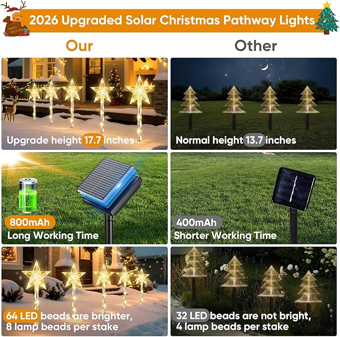 Solar Lights Outdoor Christmas Decorations: 8 Pack 64 Warm White LED Star Pathway Lights - 2025 Upgrade Outside Solar Christmas Decorations with 8 Modes for Yard Garden Porch Lawn Decor