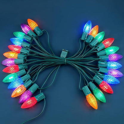 YULETIME Multicolor C9 LED Christmas Lights, 25 Feet 25 Count 12" Spacing Faceted Strawberry Bulbs UL Certified Outdoor String Light Set (Multicolor)
