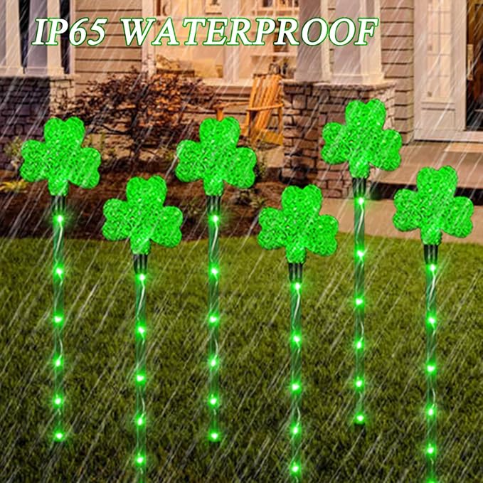 Shamrock Solar Lights for St Patrick's Day Decorations - Outdoor Waterproof 6Pack 48LED Green Garden Stake Light 8 Modes Lucky Clover for Yard, Pathway Decor