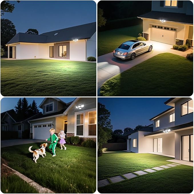 JJX Solar Outdoor Lights 3000LM 278 LED, 1 Pack 4-Head Motion Sensor Outdoor Lights, 6500K IP65 Waterproof 4 Lighting Modes Solar Security Light for Yard Garden Driveway with Remote Control