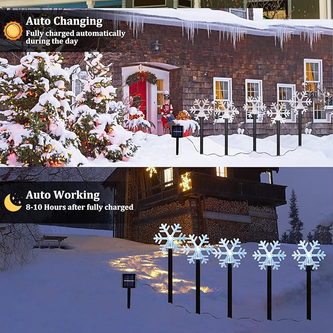BRIGHTDECK Snowflake Solar Christmas Decorations Outdoor, 5 Pack LED Christmas Pathway Lights, Waterproof Snowflake Pathway Lights, Stake Lights for Christmas Garden Decor（Cold White）